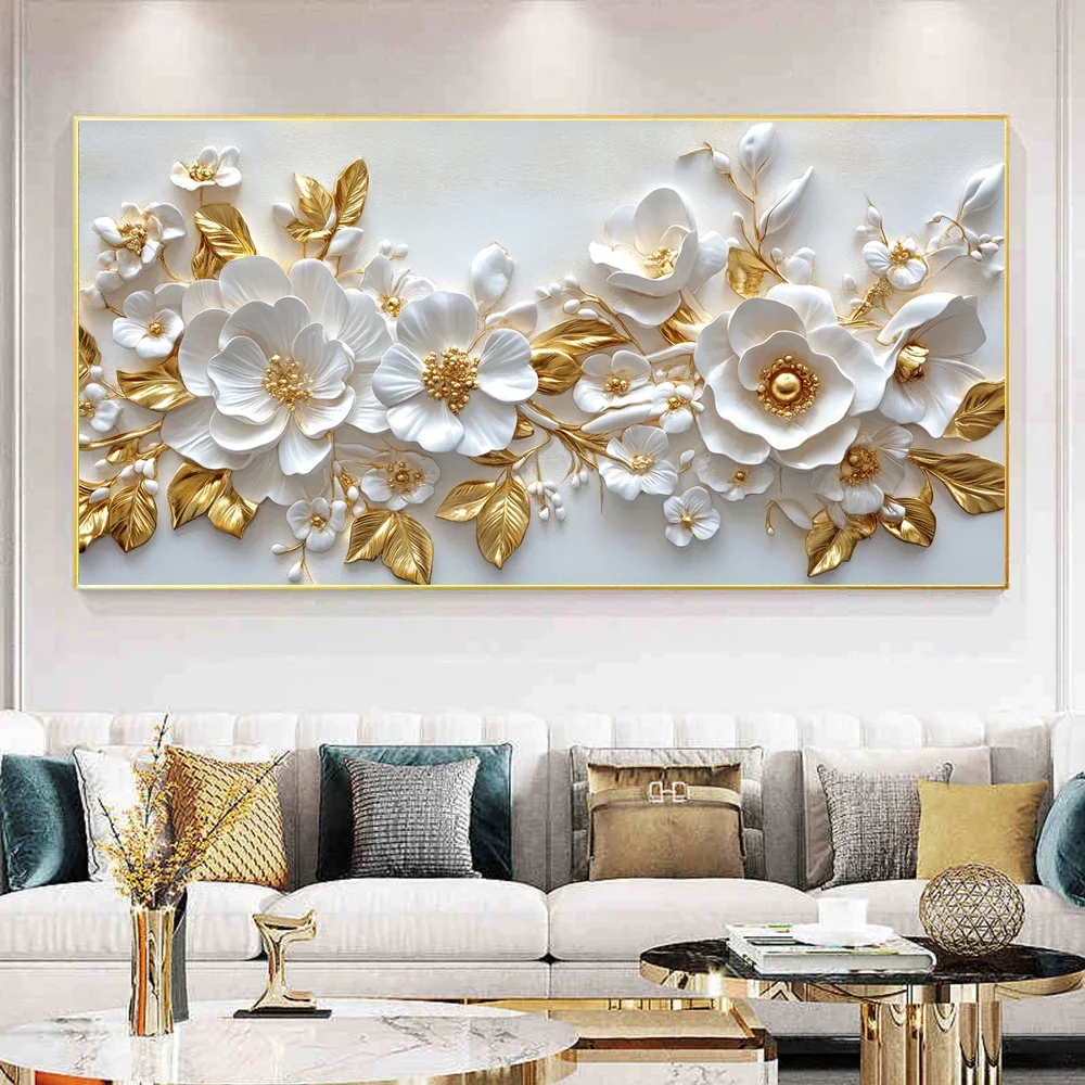 Frameless Canvas PaintingElegant 2D Flat White Flowers Canvas Painting, Print Posters,Wall Arts Decor Painting,Home Living Room