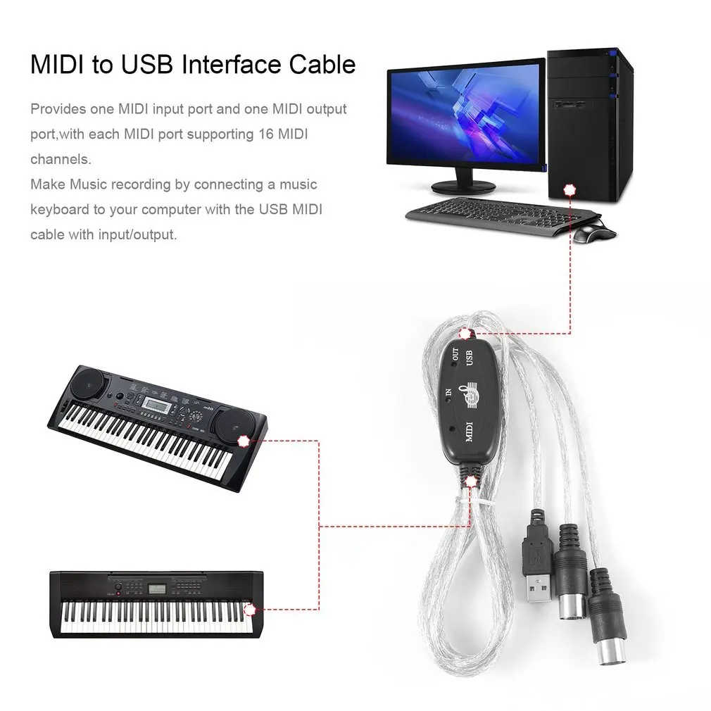 MIDI Cable to USB IN-OUT Converter Professional MIDI Interface Audio Music for Keyboard PC for Electric Piano Drum Adapter