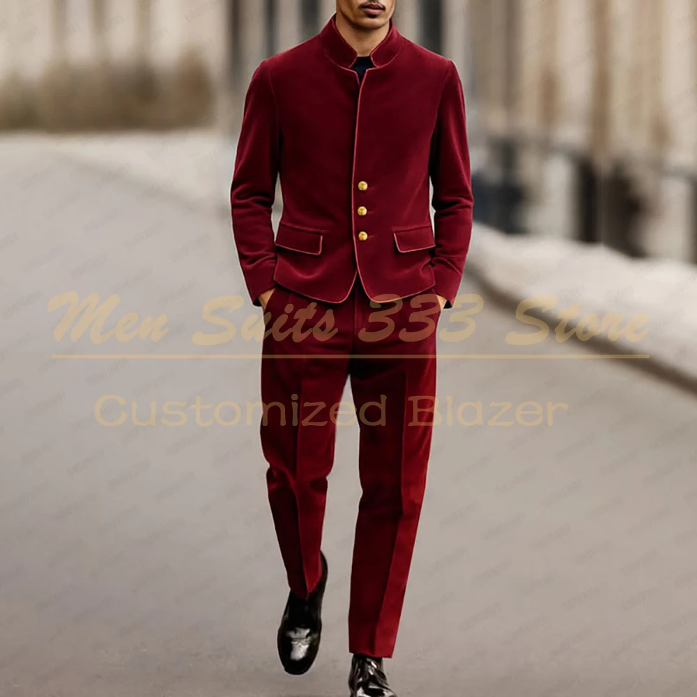 

Daily Red Velvet Fashion Men's Suits Blazer Elegant Single Breasted Stand Lapel Slim Blazer Customized 2 Piece Jacket Pants