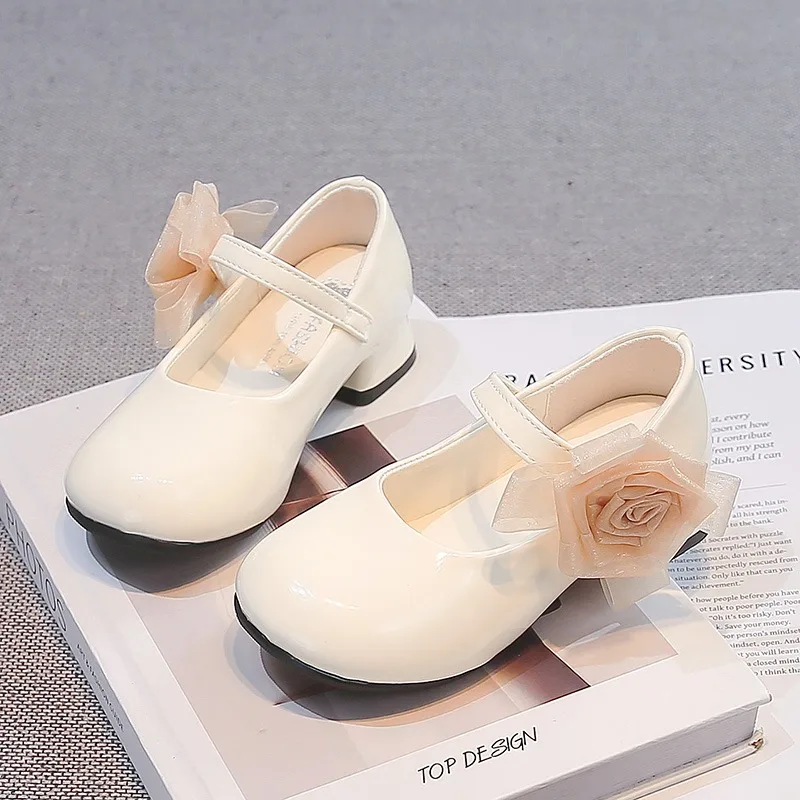 Kids Low Heel Flowers Rose Girls Princess Shoes Ribbon Solid Decor Single Strap Non Slip Sole Girls Wedding Party Princess Shoes