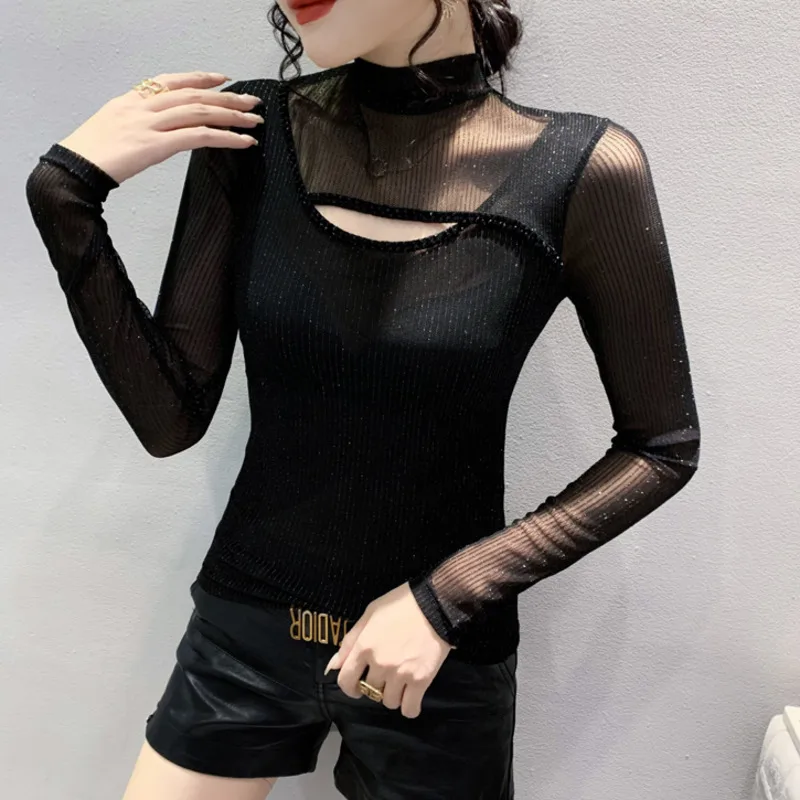 #8313 Black Red Purple Mesh T Shirt Women Tight Thin Elastic Turtleneck T Shirt Female Perspective Long Sleeve Irregular Tee