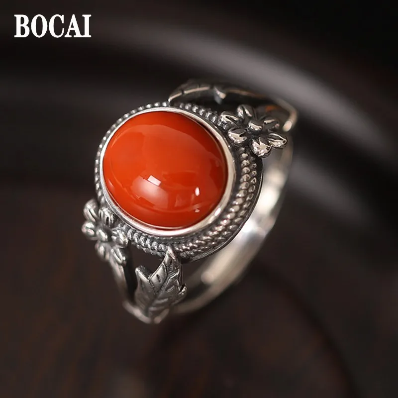 BOCAI 2022 Real S925 Silver Jewelry Vintage Matte Lace Southern Red Onyx Woman Ring Holiday Gift