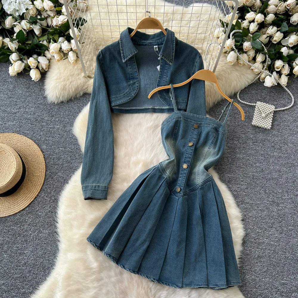 Neploe New Turn-down Collar Long Sleeve Sexy Set Cardigan Denim Slim Fit Pleated Skirt French Vintage Sweet Elegant Suits Robe