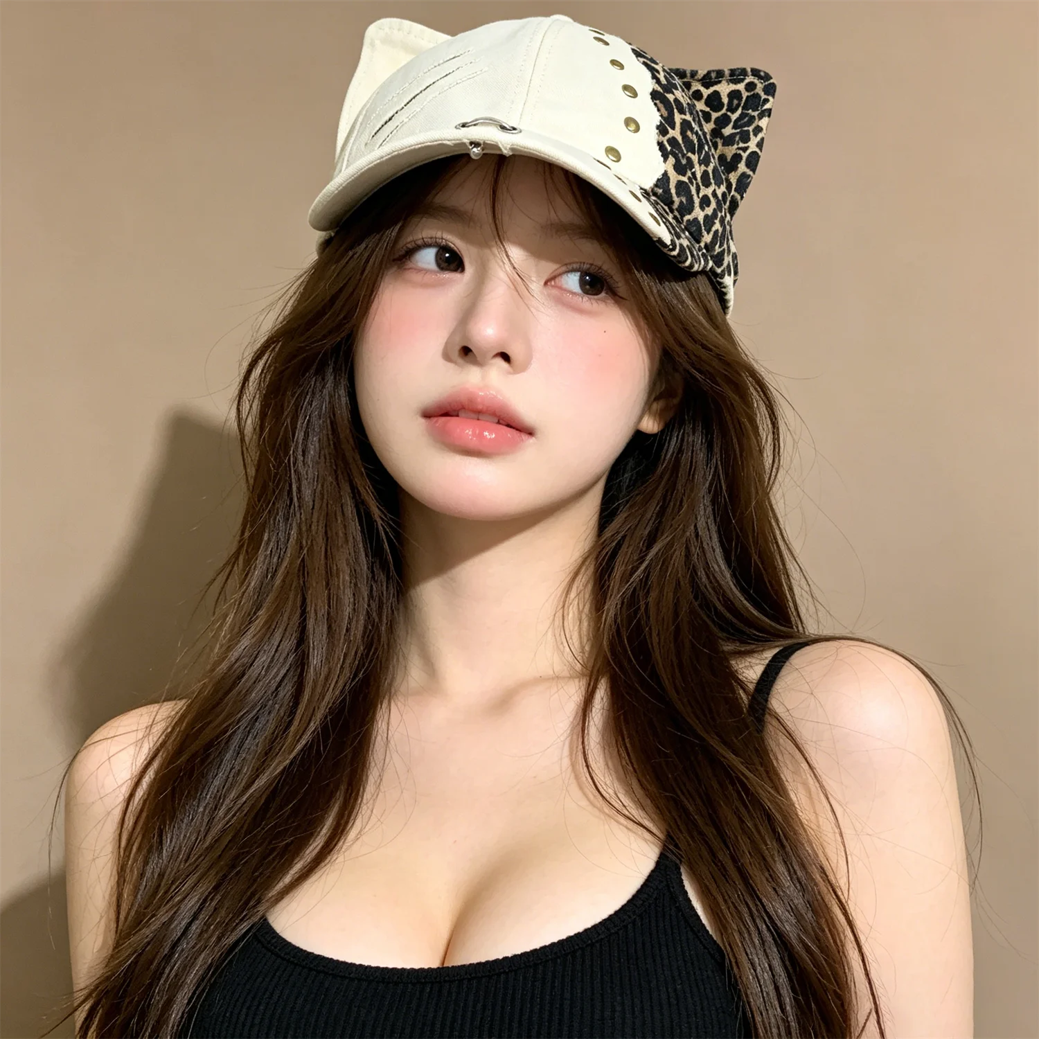 Y2K Two Tone Leopard Splicing Cat Ear Baseball Cap Unisex Metal Rivet Claw Scratch Street Fashion Outdoor Sun Hat for Men Women