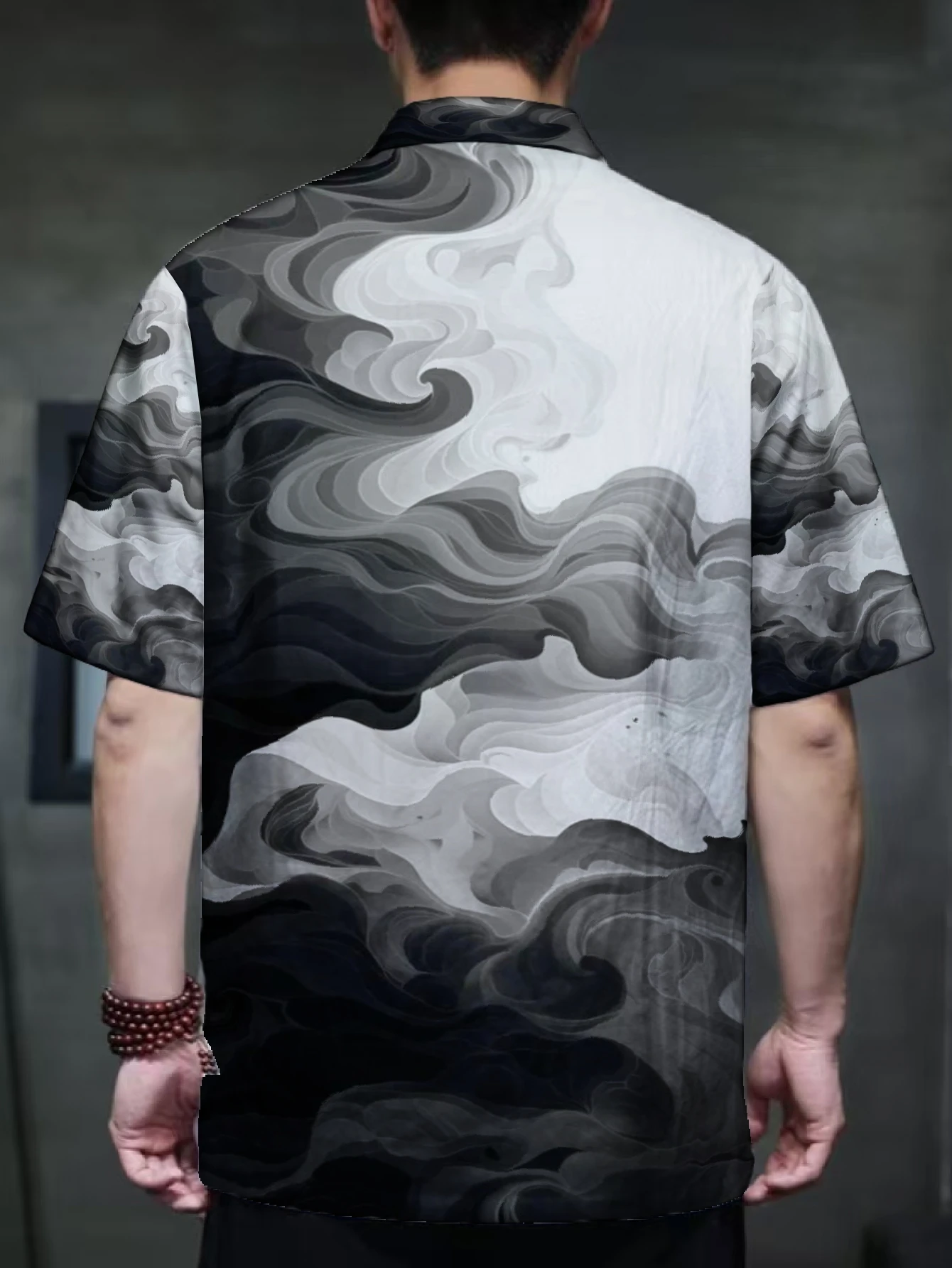 Men Mandarin Collar Frog Button Short Sleeve Shirt Tie Dye Marble Wave Abstract Print Traditional Top