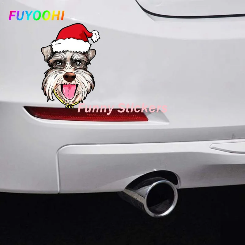 FUYOOHI Exterior/Protection Funny Stickers Miniature Schnauzer Christmas Hat Present Dog Car Sticker Personality Vehicle Decal