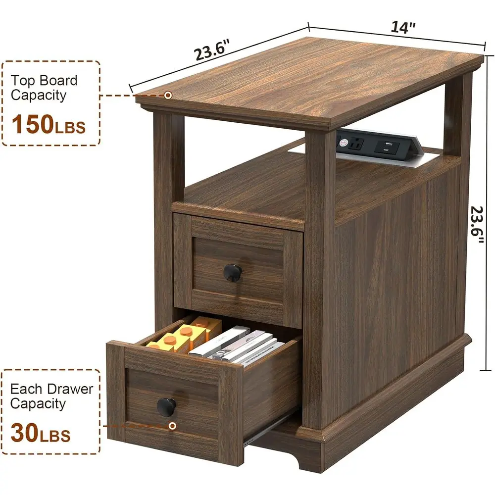 Narrow End Table with lip Top Charging Station and 2 Ders | Type-C & USB Port & Power outlets, Wooden Storage Cabinet, Side Tabl view 3