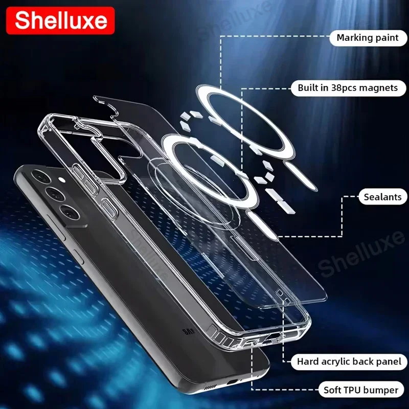 For Magsafe Magnetic Case Shelluxe For Samsung Galaxy S25 S24 S23 Ultra S22 Plus S25+ Wireless Charging Shockproof Clear Cover