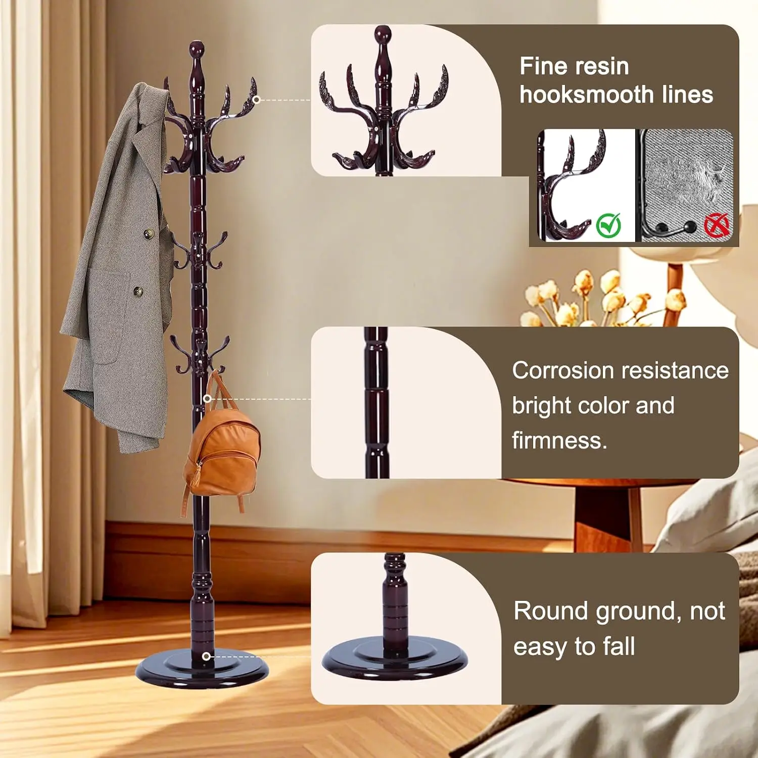 Wood Coat Rack Freestanding 14 Hooks 73 Inch Adjustable Height Vintage Hall Tree Round Base Entryway Bedroom, Customized