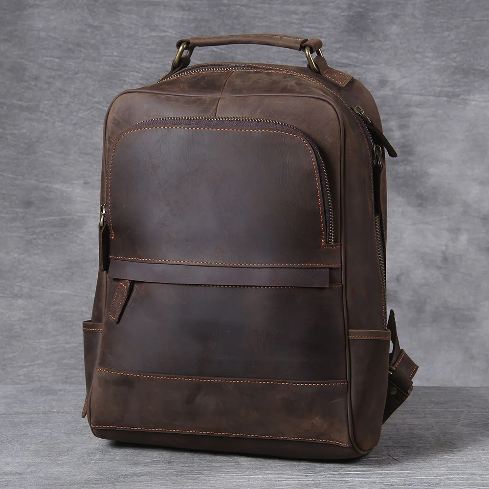 S.WORKER Vintage Echtleder-Rucksack für Herren, Große Laptop-Schultertasche, Klassische Vintage Crazy Horse Reise- und Schultasche – Detail 7