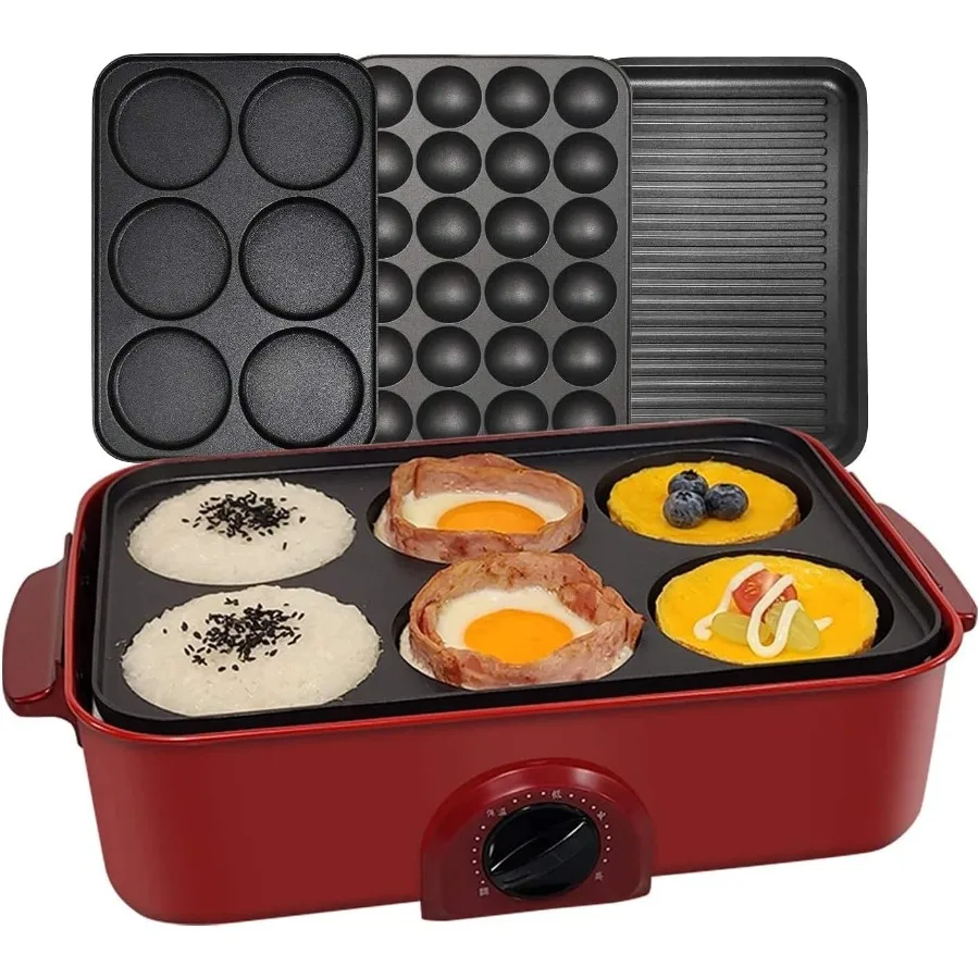 3 in 1 多機能電気グリドル 電気フライパン ノンスティックベーキングメーカー 3つの交換可能なパン付き たこ焼きケーキポ用