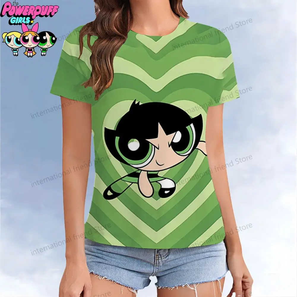 The Powerpuff Girls Women's T-shirt Kawaii Summer Short Sleeve XS-3XL Parent-child Wear O Neck Woman Clothing Cheap Clothes Y2k