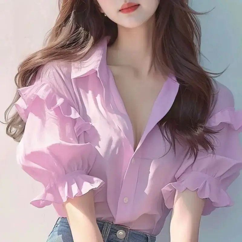 Beautiful Pleated Solid All-match Blouse Summer New Polo Neck Simplicity Korean Shirt Tops Fashion High Street Women Clothing