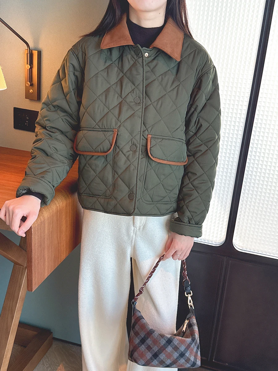 

Classic Diamond Stitched Leather eep Fce Jaet Cotton ort Coat Collar Zipper Closure Pure Color Commute Sle