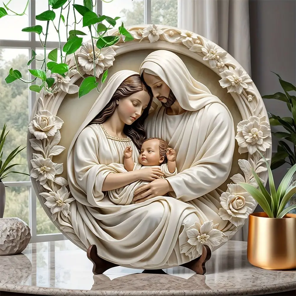 2D Flat Jesus Birth Pendant Wooden Relief Effect Sign Christmas Ideal Decor Round Nativity Scene Decoration Ornaments