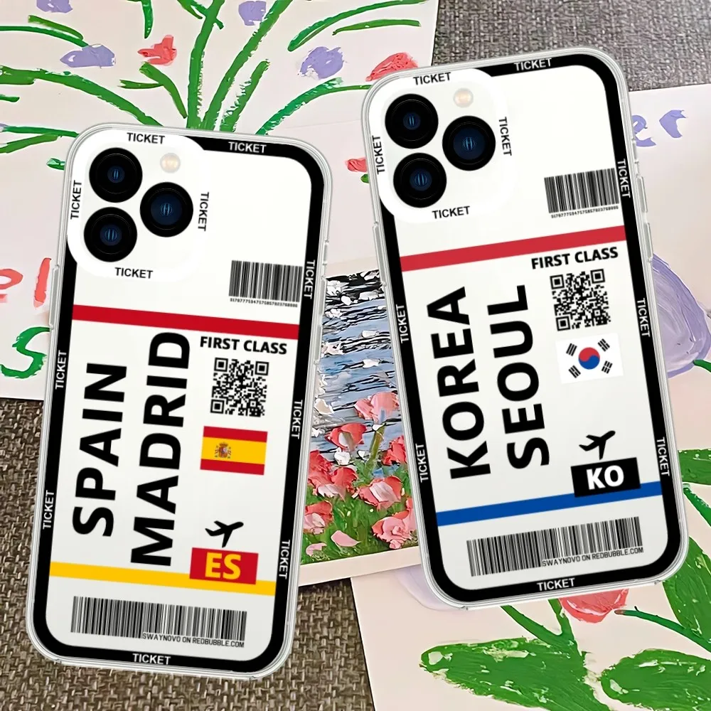 Ticket Travel Clear Spain Ukraine Korea Phone Case For iPhone 13 14 Mini 11 12 Pro Max Transparent Shell