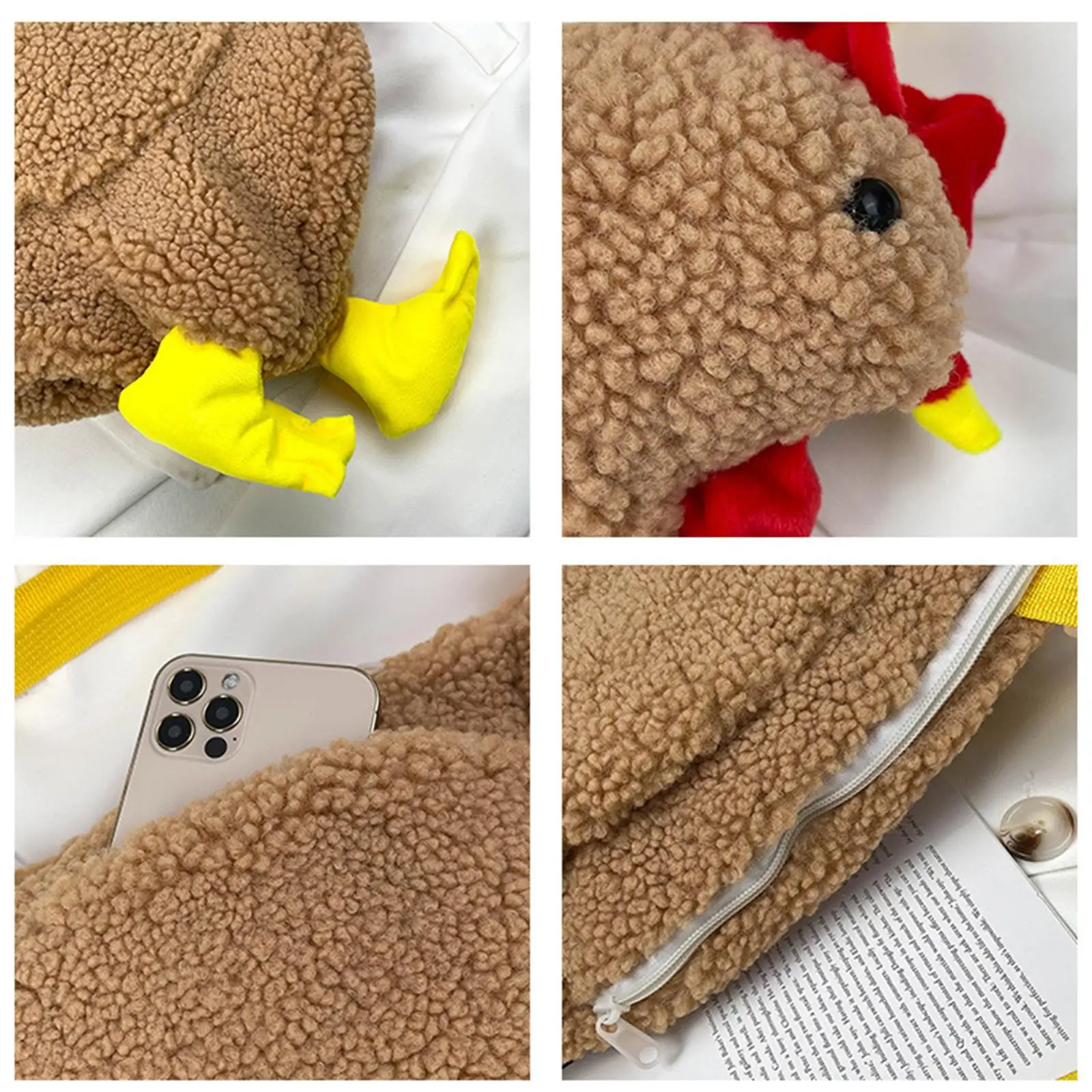 Funny Chicken Plush Handbag Adjustable Strap Large Capacity Soft Fleece Tote for Girls and Women