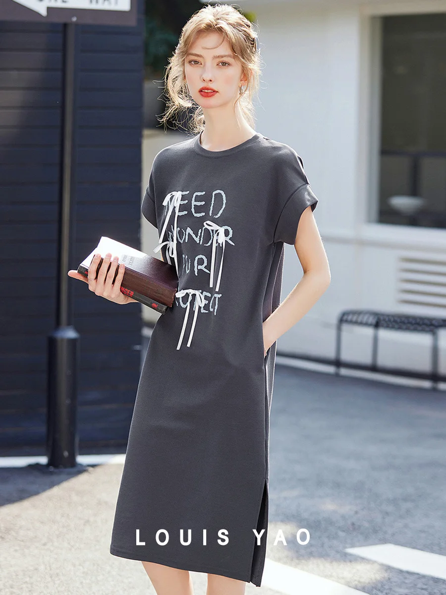 

LOUIS YAO 2025 Summer Straight Loose Split T-shirt Skirt Casual Fashion Round Neck Printed Bow Long Dress