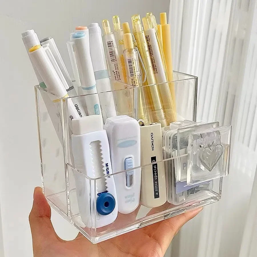 Clear Acrylic Pen Holder 3 Compartment Desk Pencil Storage Box Desktop Stationery Student Office Makeup Brush Cosmetic Organizer