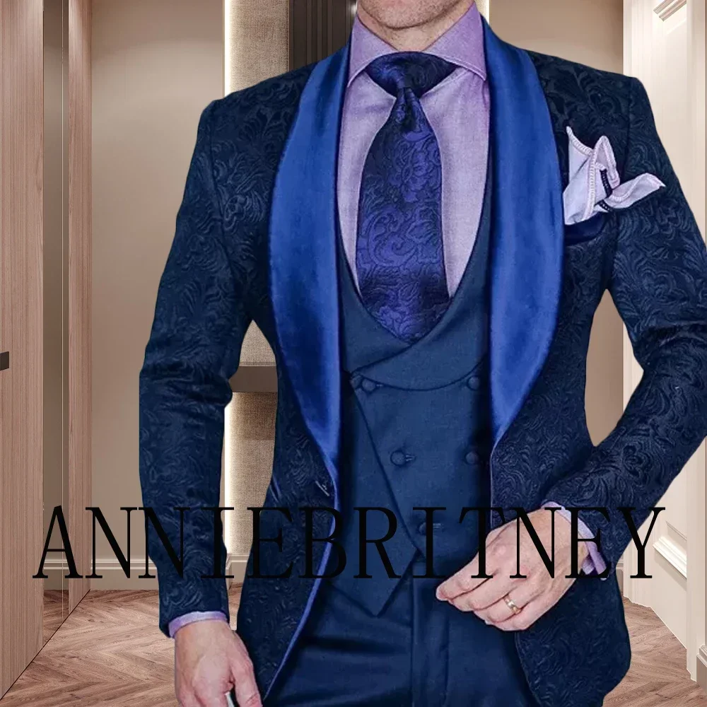 

Dark Blue Jacquard Shawl Lapel Elegant Men Suit Formal Wedding Groom Tuxedo Prom Slim Fit Blazer High Quality Custom 3 Piece Set