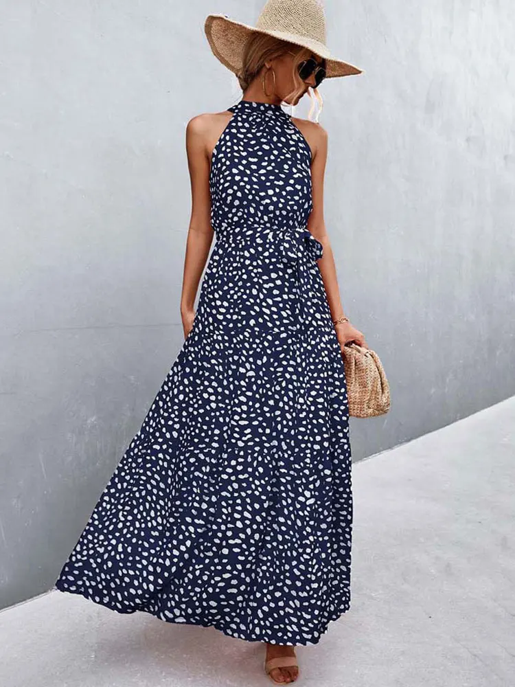 Boho Long Dress Women Flower Print Retro Party Dresses Female Shoulderless Lace Up Sleeveless Halter Summer Vintage Maxi Dress