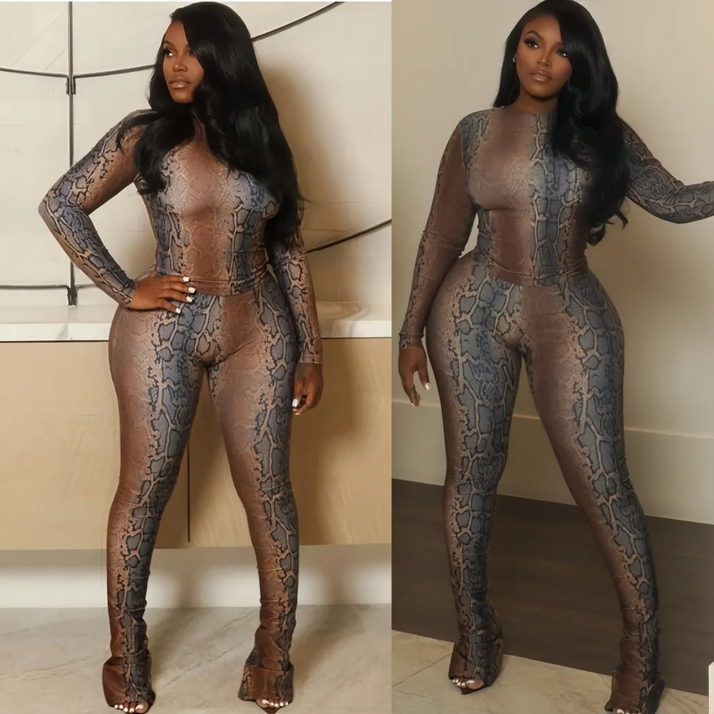 

FAGADOER Sexy Leopard Print Patchwork Two Piece Outfits Woman Round Neck Long Sleeves Crop Top+pants Matching Female Streetwear