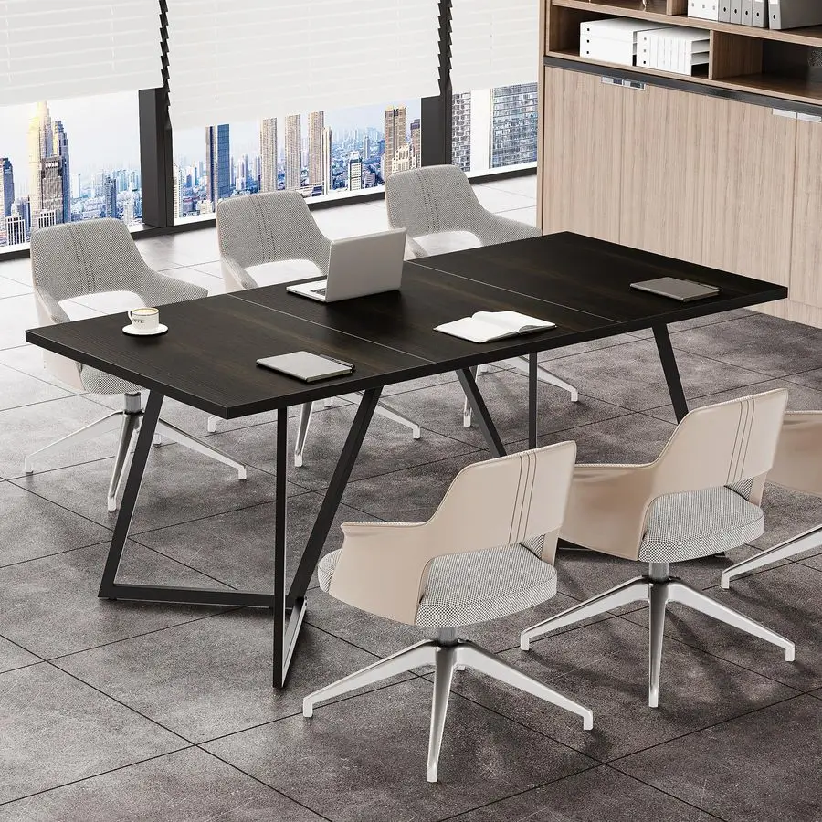 70.86Inch Conference Table for 8, Black Conference Room Table with Metal Base, Modern 5.9 ft Rectangular Table for Boardroom, Me