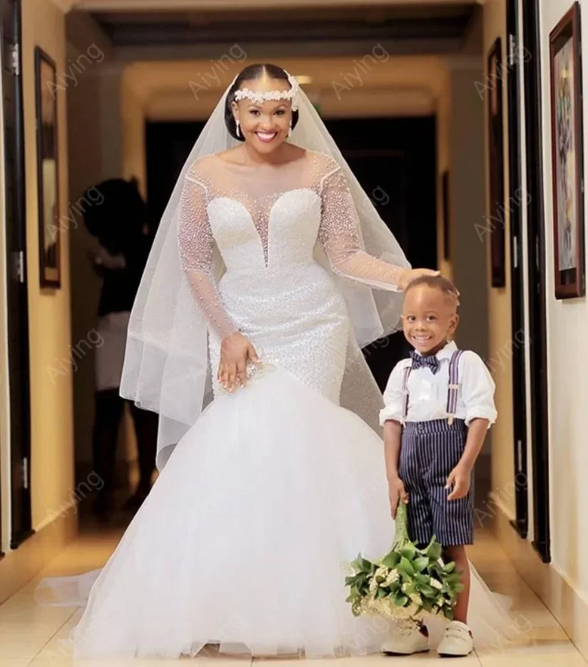 Angepasst Illusion Lange Ärmel Meerjungfrau Perlen Pailletten Hochzeit Kleid Pinsel Zug Vestido De Noiva Afrikanische Brautkleider