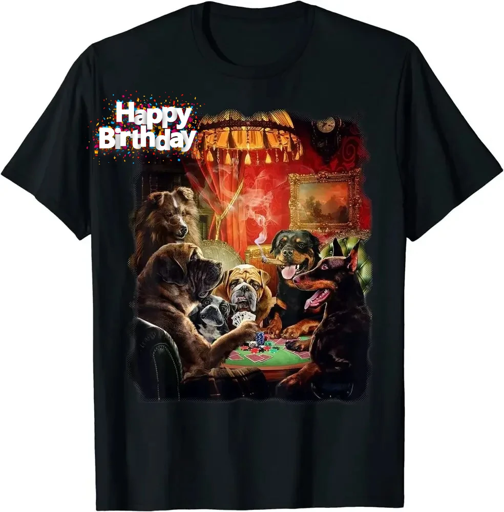 Funny Dog Playing Poker Cards T-Shirt 100% Cotton O-Neck Summer Short Sleeve Casual Mens T-shirt Size S-3XL
