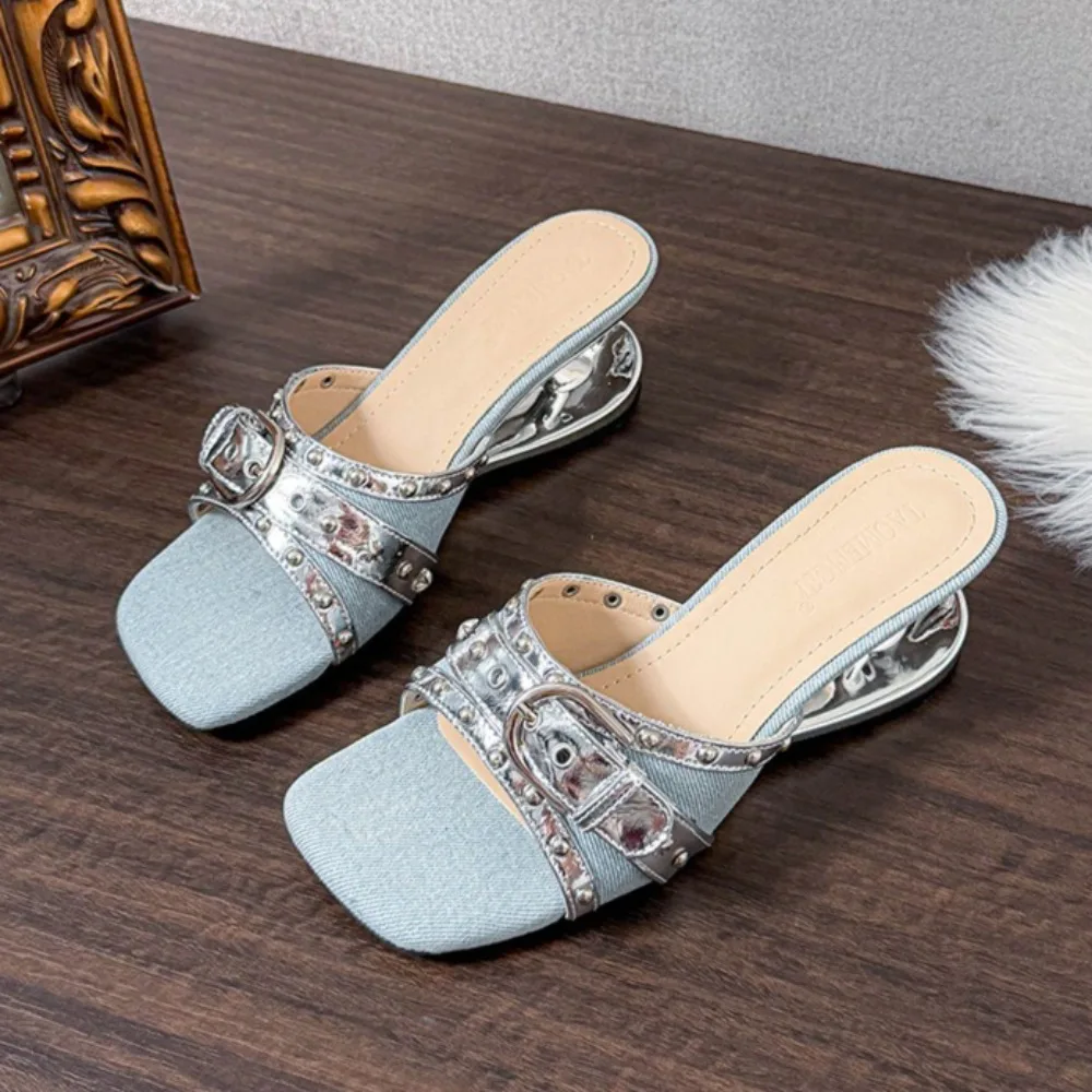 Women's Slippers Inner Height Increase 6cm Open Toed Sandals Metal Buckle Rivets Square Head Special Shaped Heel Slippers Women