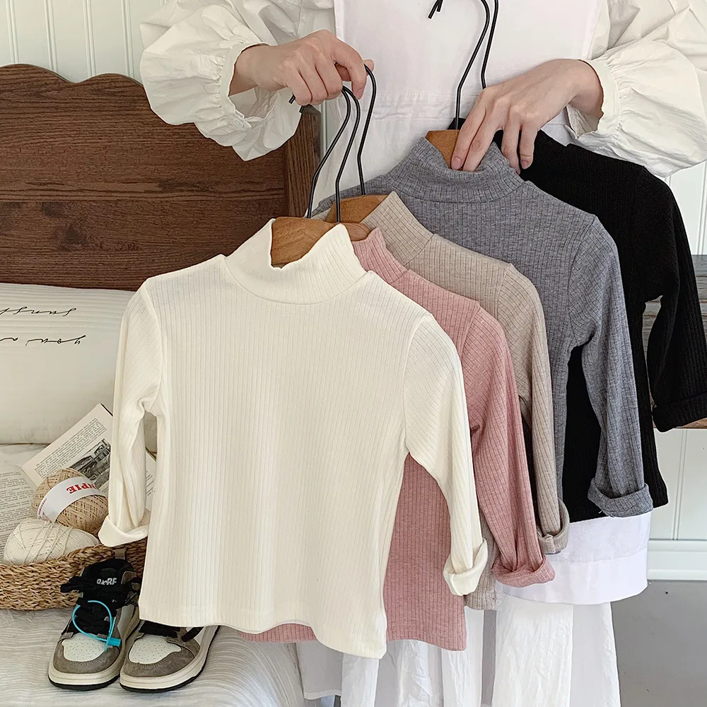 

Korean Autumn Infant Baby Girls Top High Neck Solid Color Long Sleeve Toddler Girls Sweater Pure Cotton 1-6Y Baby Girls Top