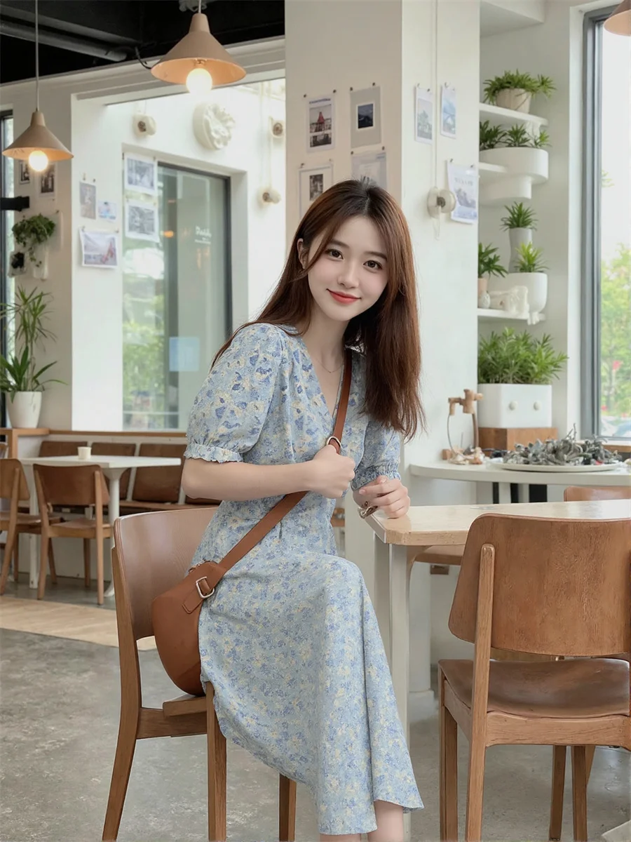 فساتين بأكمام قصيرة منتفخة ثنيات مُزينة بالزهور ملابس نسائية صيفية بوهو عمود ملابس نوم انحراف خط عنق حلو رقبة مستديرة شفافة