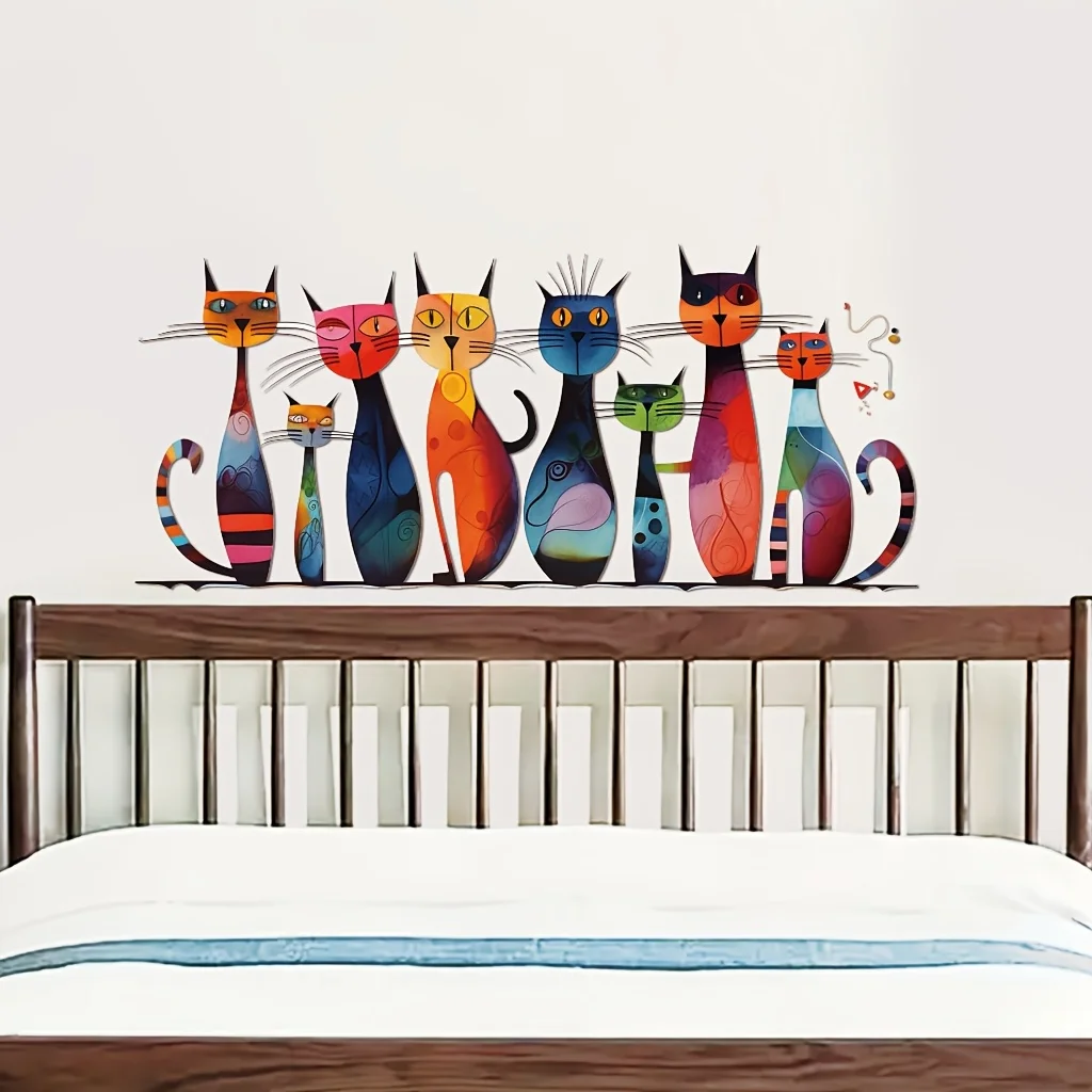 2D flat design, a single piece with diverse shapes and vibrant colors, featuring a cat-themed wall sticker suitable for decorati