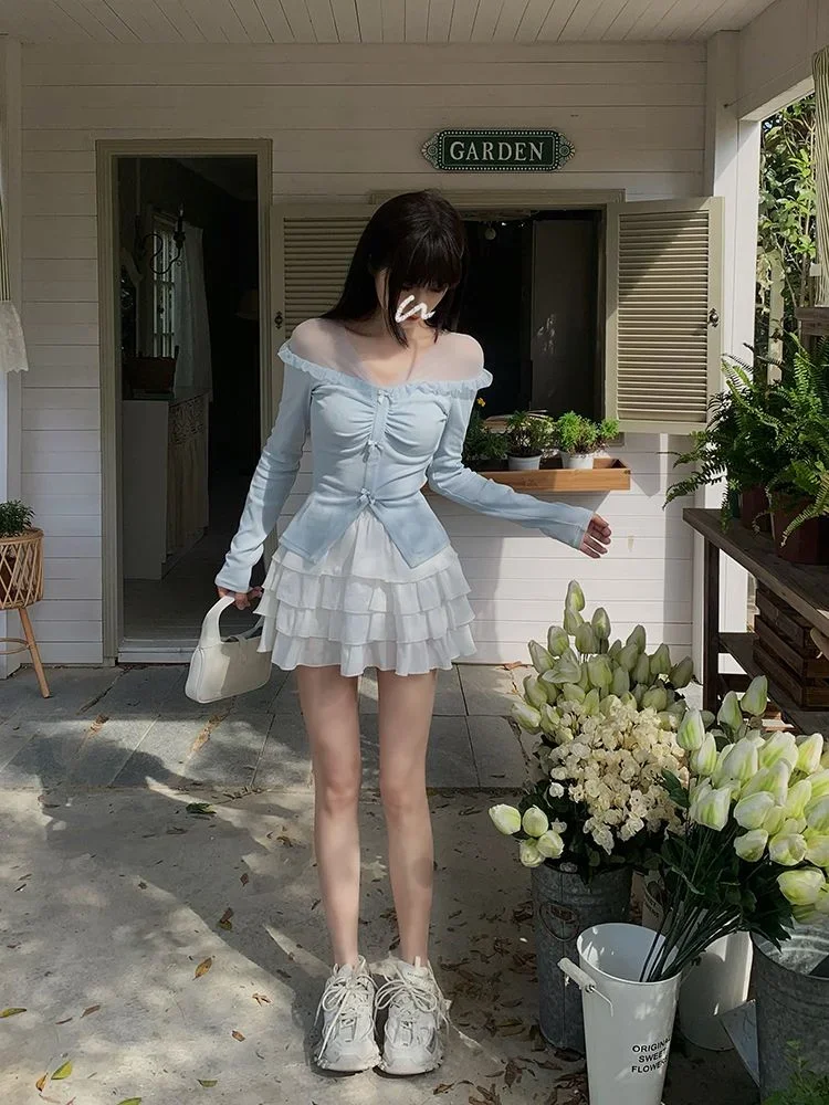 

Elegant Bow Gauze Patchwork T-shirt Women's Sweet Long Sleeve Top Korean Fashion All-Match Tee