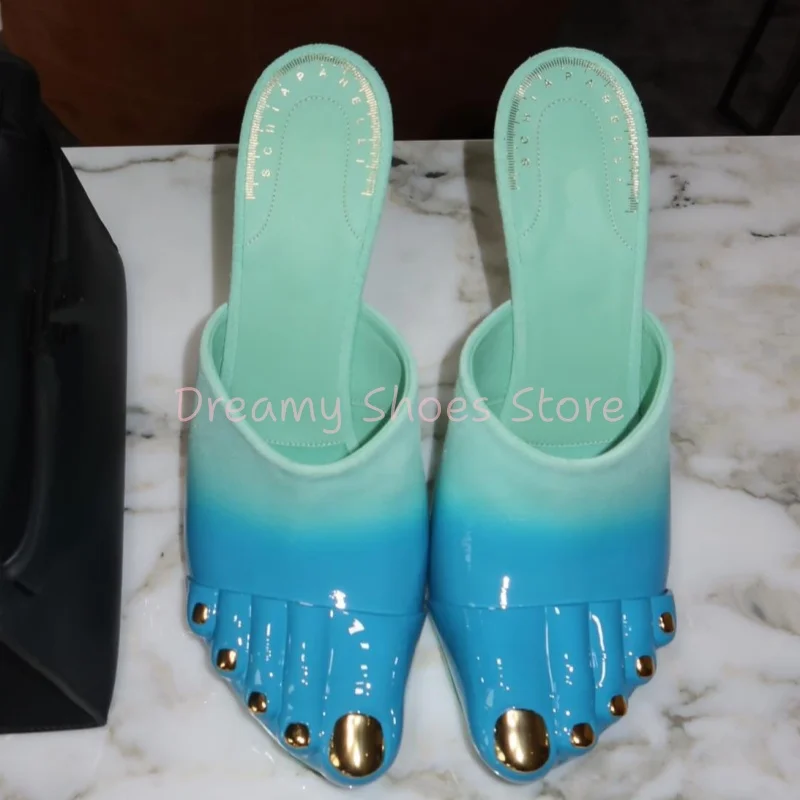 

Green Mixed Colors Gold Five Toes Slippers Women Metal Decor Slingback Slip On Slippers Fashion Sexy Party Stiletto Sandals New