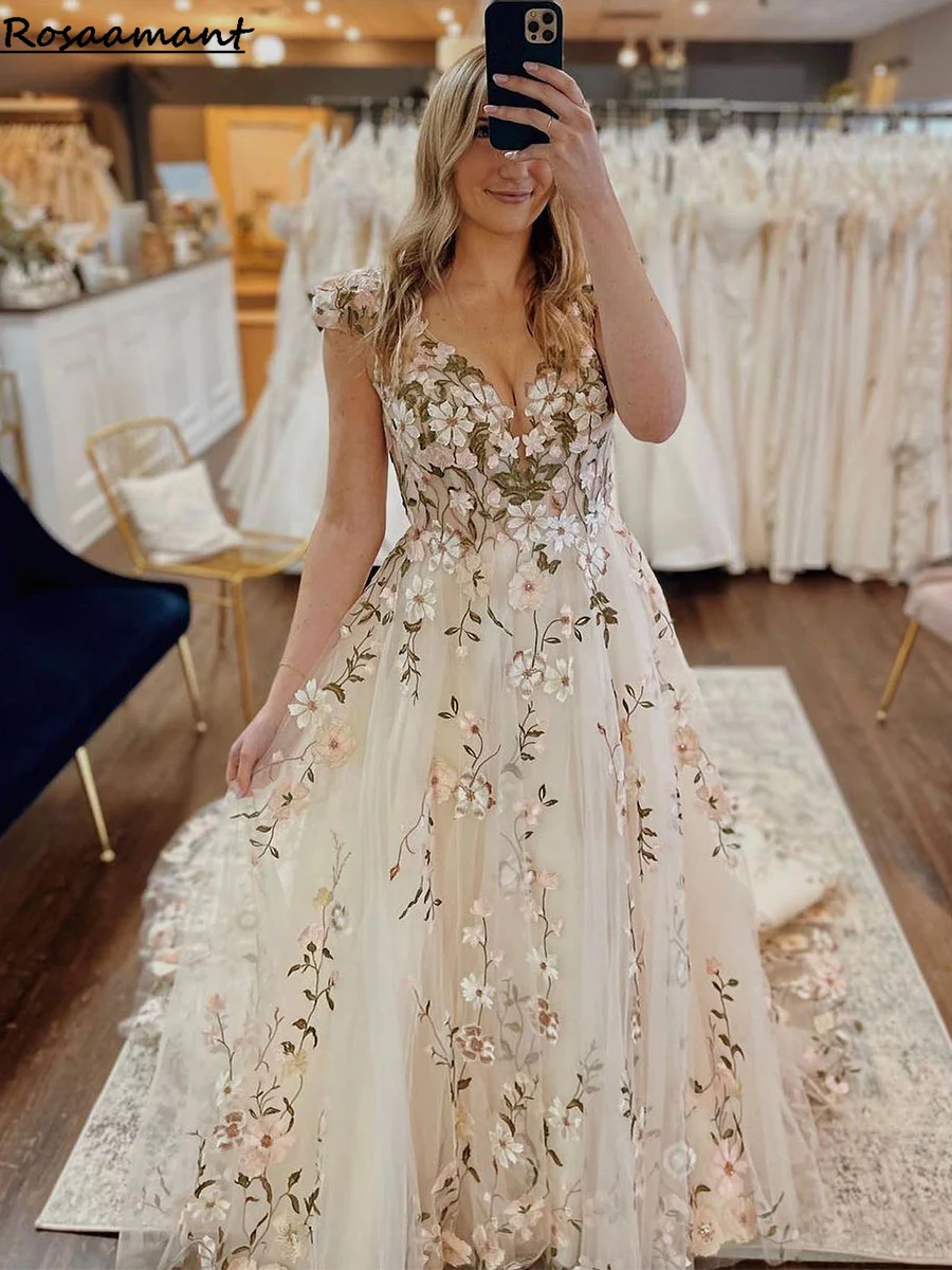 Robe de Mariée Trapèze Brodée de Fleurs Colorées, Tenue en Tulle, à Col en V, Dos Ouvert, Style Boho, pour Patients