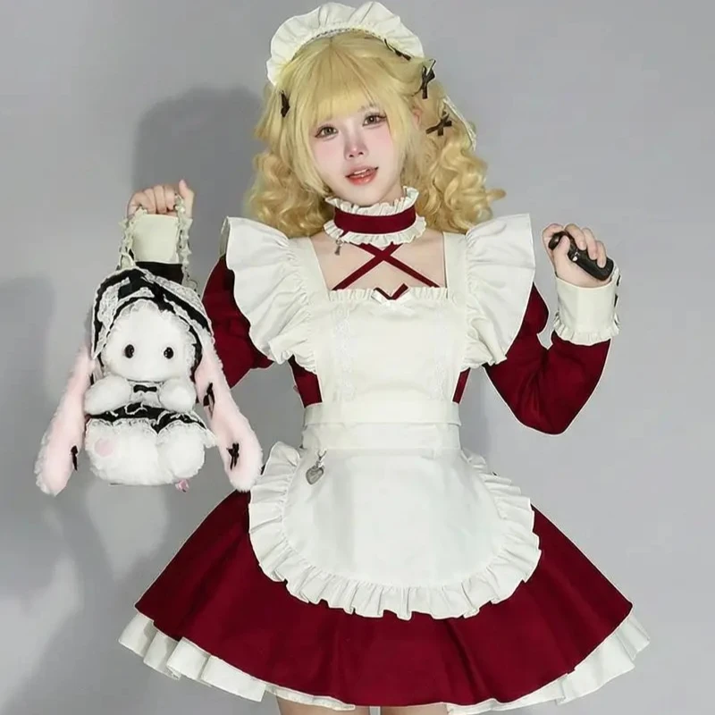 Niedliches Spitzen-Bubble-Ärmel-Dienstmädchen-Cosplay-Kostüm Schürze Lolita-Kleid-Set Kopfbedeckung Themenparty Rollenspiel-Outfits für Erwachsene Frauen