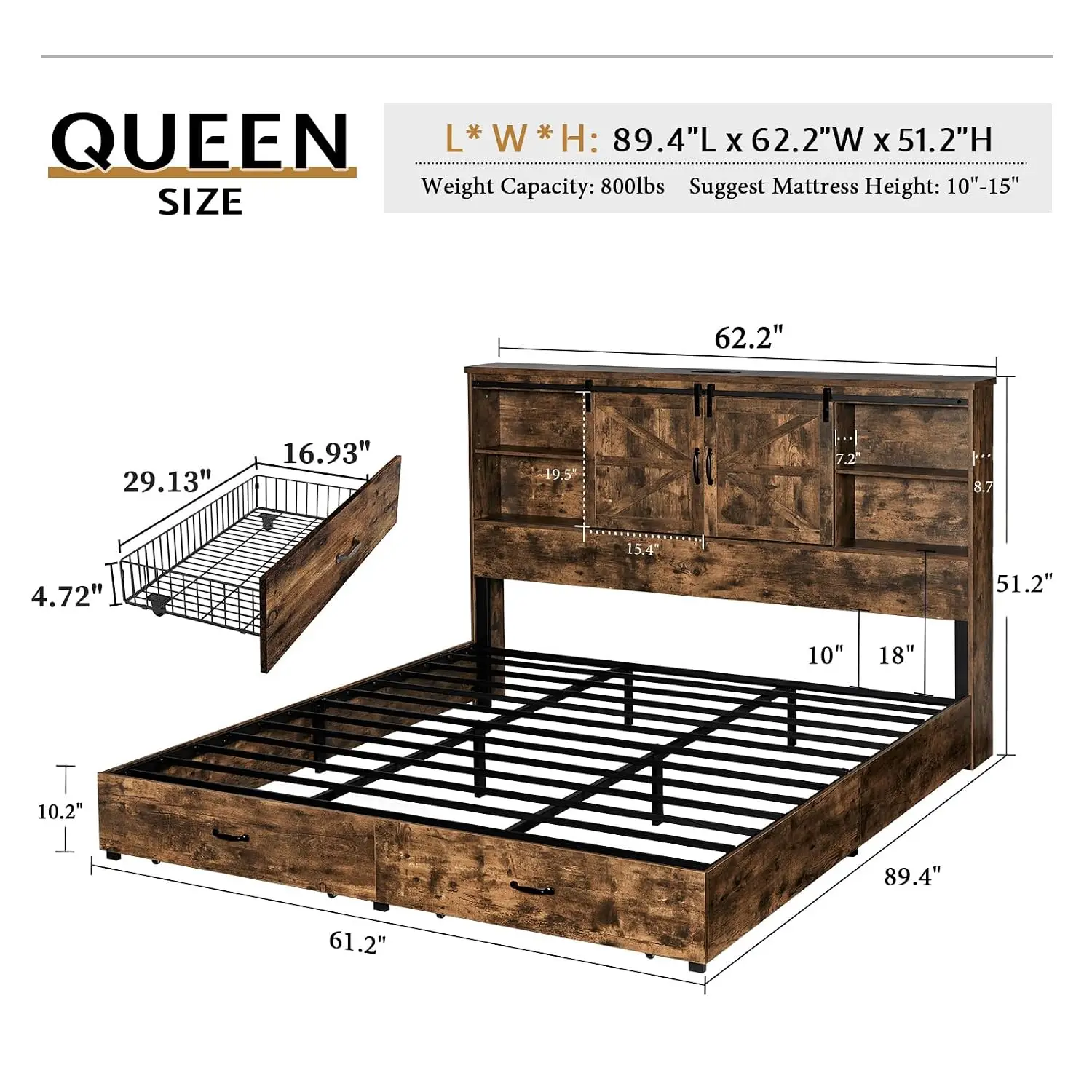 Queen Size Bed Frame, Wooden Platform Storage Bed with 51.2
