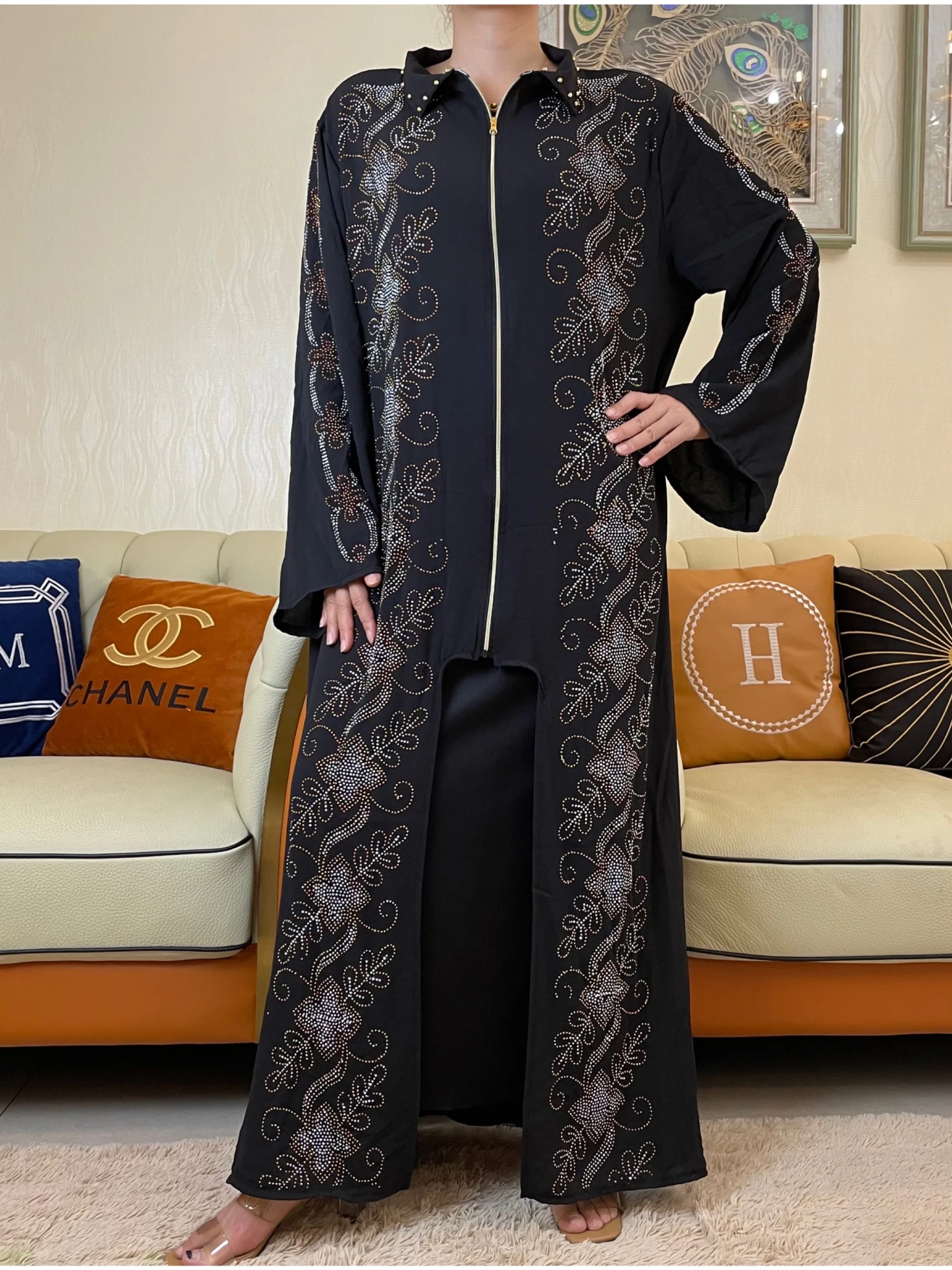 Abaya Baru untuk Wanita Gaun Jilbab Elegan Dubai Turki Muslim Lengan Panjang Kaftan Marocain Batu Mengkilap Kimono Pakaian Islami