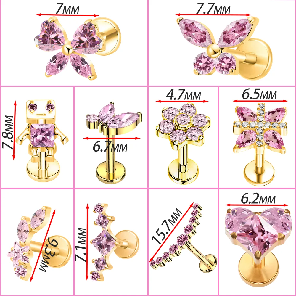 PUTITUP G23 Titanium Piercing Stud Pink Zircon Butterfly Flower Heart Internally Threaded Lip Ring Ear Cartilage Jewelry