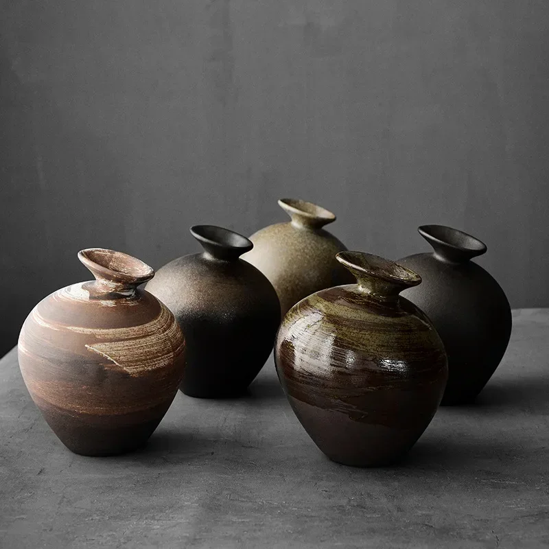 Japanese Style Coarse Pottery Flower Ware Ceramic Small Flower Dried Flower Hydroponic Vessel Tea Table Decorative Ornaments