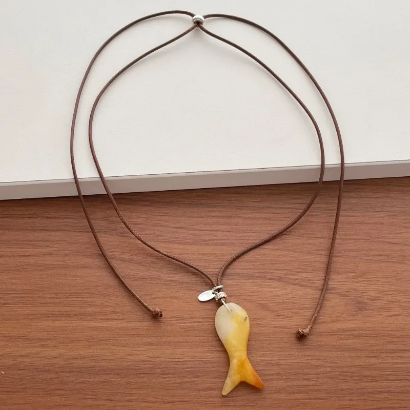 Minar Creative Natural Stone Cartoon Fish Pendant Necklaces for Women Long Adjustable Wax Rope Sweater Chain Chokers Wholesale