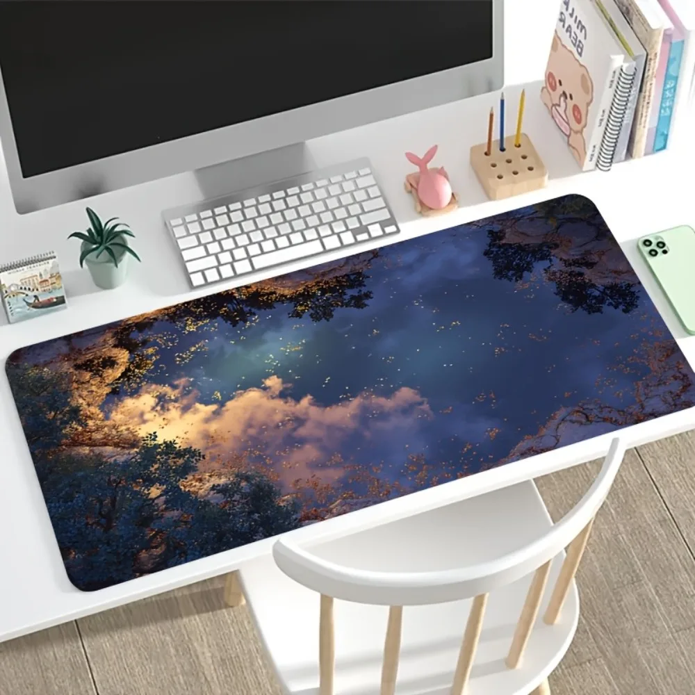 Artistic pattern of leaf reflections in the pond at night. Anti-slip and washable table mat for office desk accessories