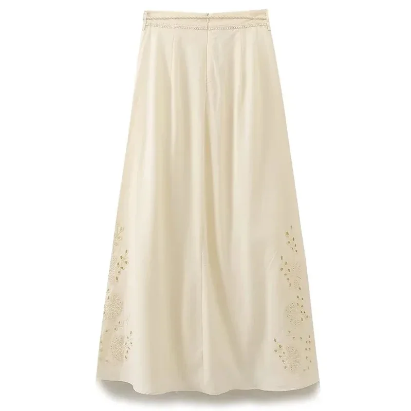 TRAF Women Skirt Summer 2024 Embroidered Hollow Out Skirts Mid Waist Lace-Up Lining Long Skirt Elegant Fashion Vacation Skirts