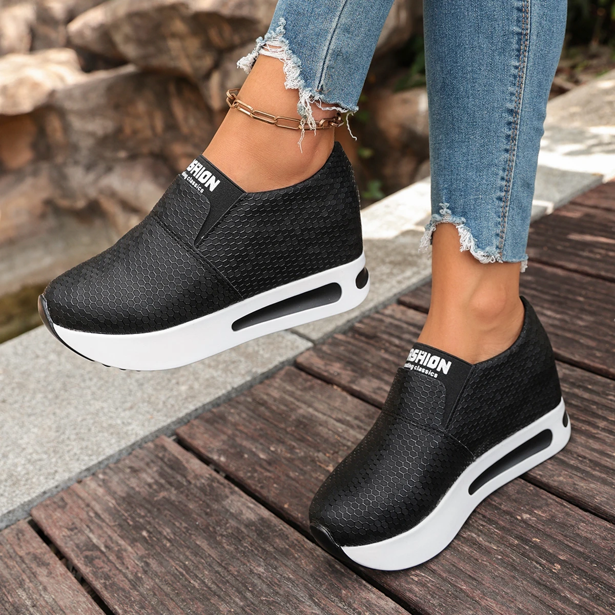 Damen-Sneaker mit verstecktem Absatz zur Erhöhung der Körpergröße, atmungsaktives Mesh, Slip-On-Plattform, lässige Alltagsschuhe zum Gehen. – Detail 7