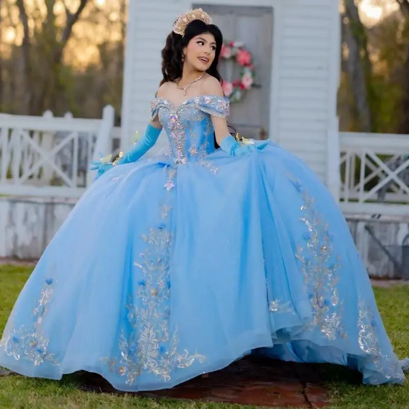 

Небесно-голубое платье Quinceanera по индивидуальному заказу, бальное платье с открытыми плечами, аппликация, цветок, бант, тюлевое платье для вечеринки, дня рождения, сладкое платье 16,