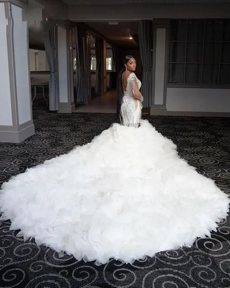 Customized Luxurious Crystal Pearls Mermaid Wedding Dresses Bridal Gowns Long Sleeves V Neck Tiered Ruffles Chapel Train