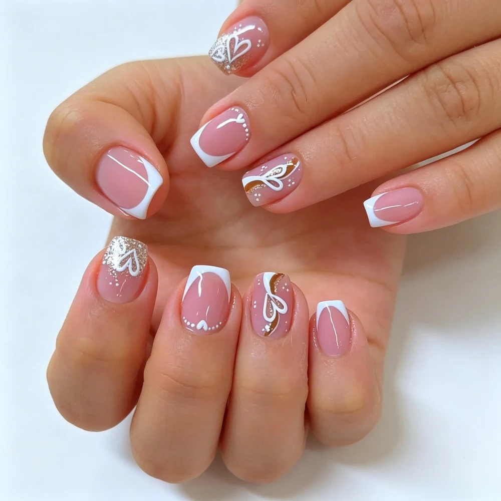24pcs Short Square French White Heart Glitter Design Full Cover Reusable False Nail Tips For Manicure Nude Pink Press On Nails image 3