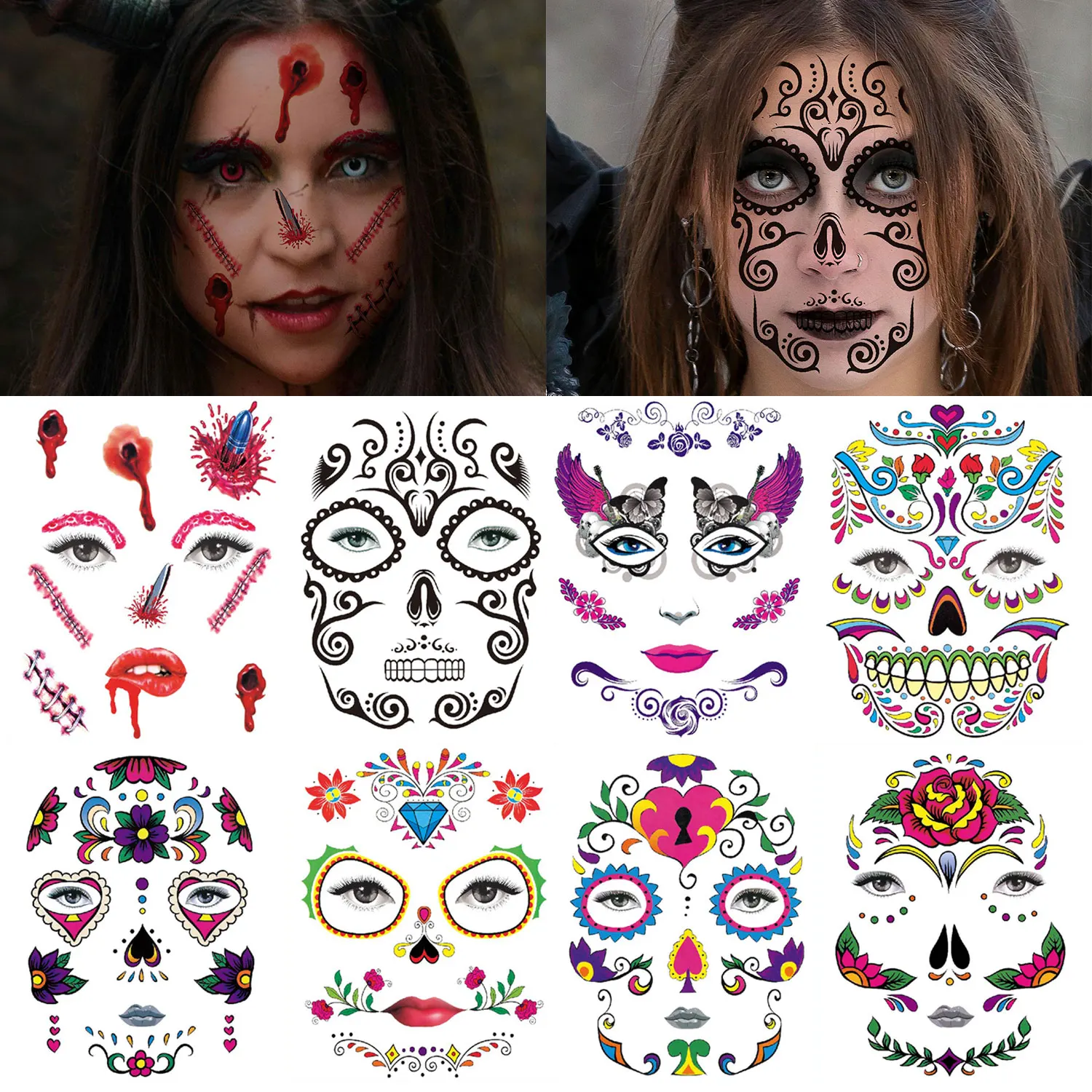 

8 упаковок временных татуировок для лица на Хэллоуин и День мертвых - водонепроницаемые наклейки для краски для лица и тела для Dia de los Muertos