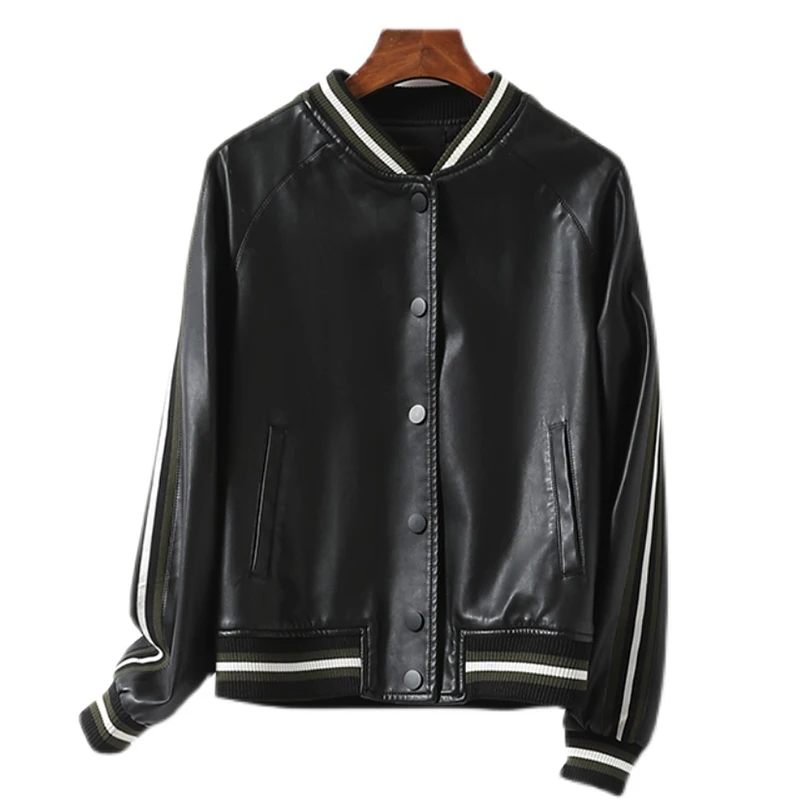 New Women High Street Split Leather Baseball Uniforms Street Casual Coat 2024 Spring Autumn Loose Stitching Sheepskin Jacket